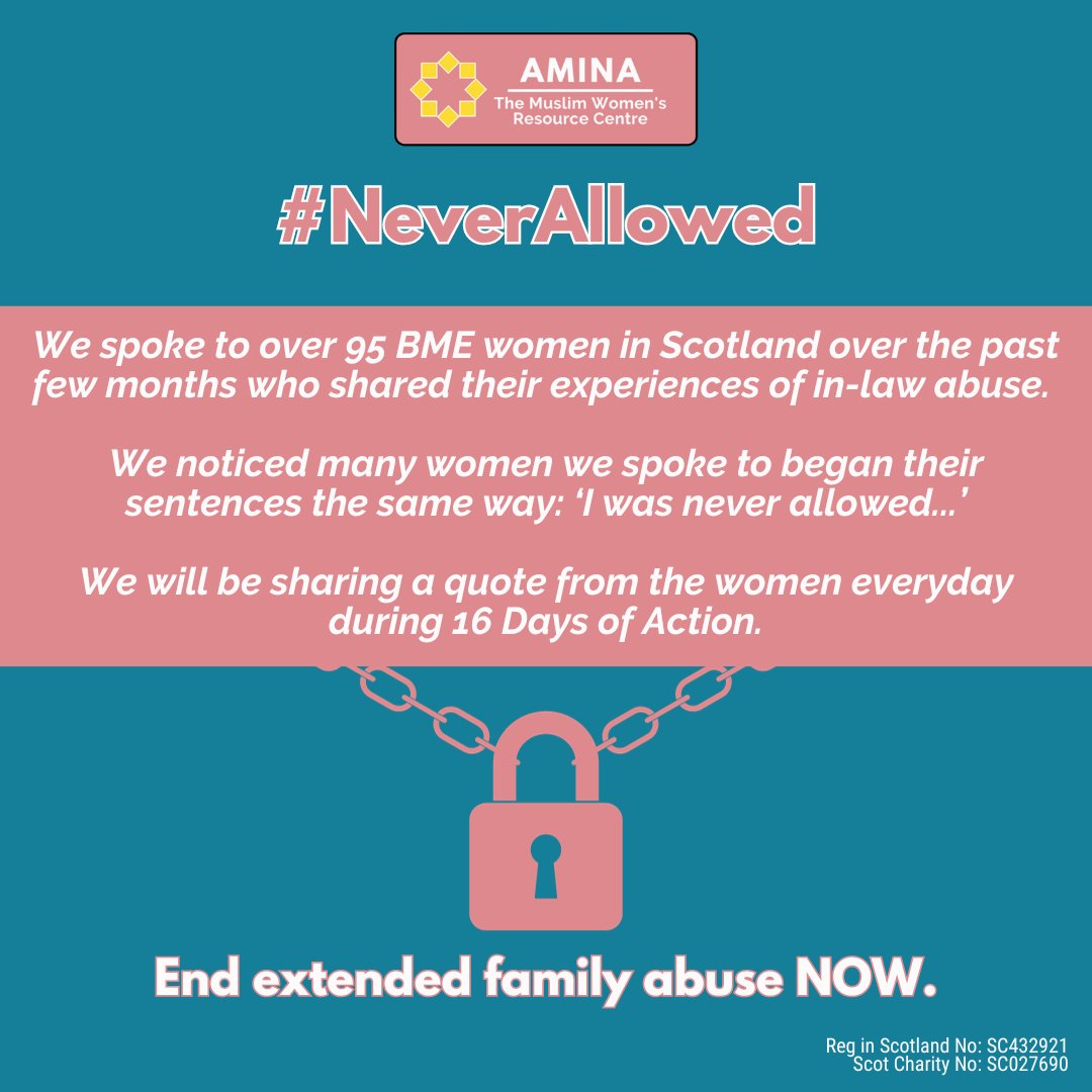 🔒 #NeverAllowed
Tomorrow marks the start of the international #16DaysofAction to promote awareness and mobilise action to end #VAWG. This year, we'll be launching a #16DaysofAction campaign under the title of “Never Allowed”, highlighting #InLawAbuse in Scotland. 1/3