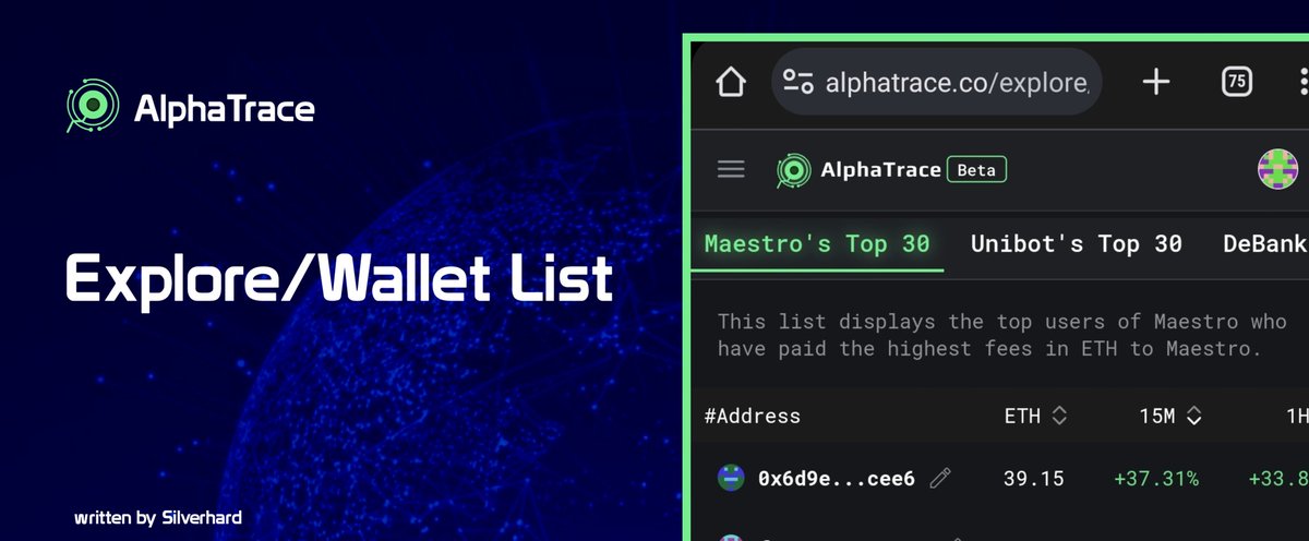 Silverhard_'s tweet image. 2) Explore/Wallet List

This feature shows top traders' info like:
→ Maestro's top 30
→ Unibot's top 30
→ Debank's top 30 

This gives you all this info plus their gains and losses.

#AlphaTrace