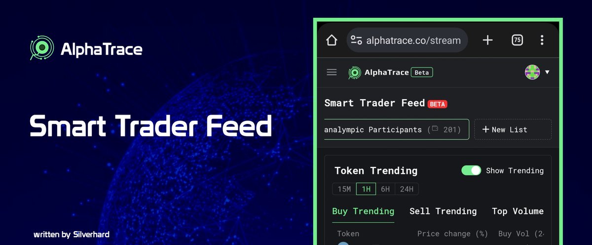 Silverhard_'s tweet image. 3) Smart Wallet Feed

This gives you list of buy trending and sell trending.

It gives you custom lists like:
→ Meme trader
→ Gem spotter
→ Top Dex trader

More like an overview of trades(buys and sells).

#AlphaTrace