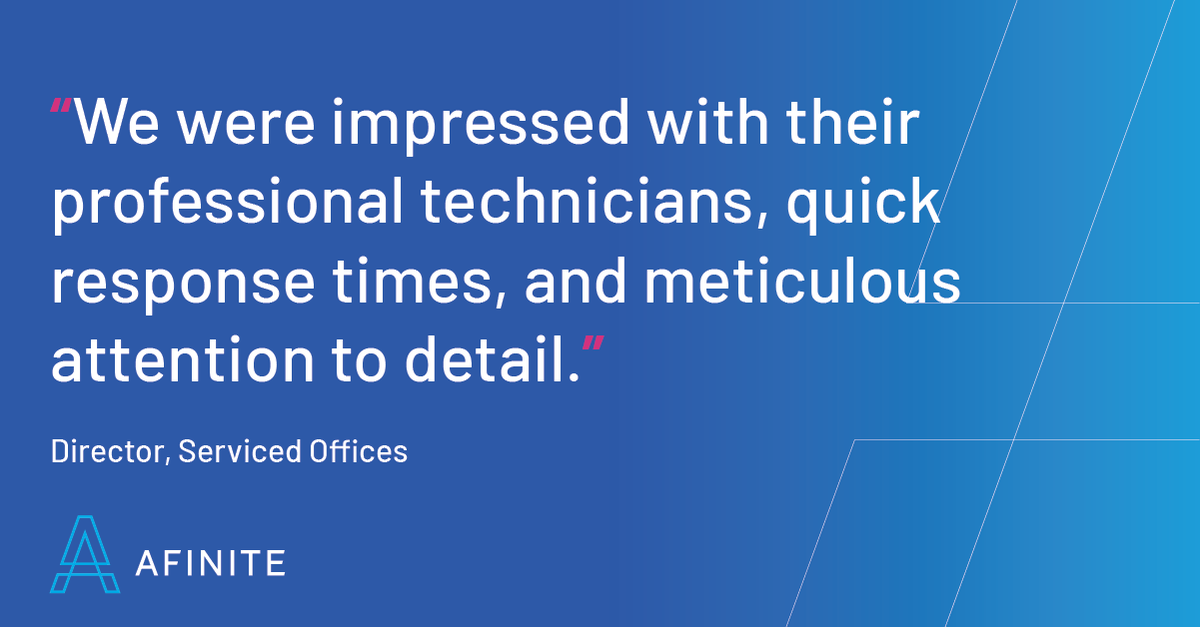 AfiniteIT's tweet photo. "We were impressed with their professional technicians, quick response times and meticulous attention to detail. Their customer service they has really made a difference to us and our clients." - Director, Serviced Offices

Find out about our services: https://t.co/S9qagNYkIS https://t.co/u6pPMQlx0B