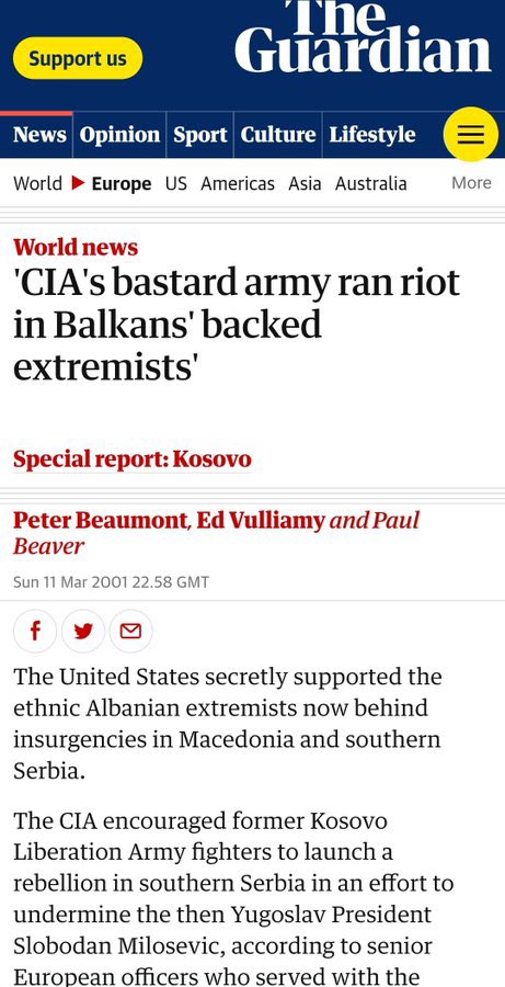 Kanthan2030's tweet photo. “hAmaS iS a tErRroRiSt gRoUp”

How about KLA - Kosovo “Liberation” Army? 

In the 1990s, CIA relocated foreign Mujahideen from Afghanistan to Chechnya, Albania, Kosovo etc.

This new terrorism project had three purposes:

🔹Break up Russia & Yugoslavia 
🔹Create new oil/gas pipeline routes
🔹Create small powerless countries who are easier to control

KLA was a terrorist group armed and funded by Bin Laden and USA alike.

They committed horrific atrocities against civilians, including killing civilians and selling organs.

But they were the good terrorists, since they served the interests of American Empire.