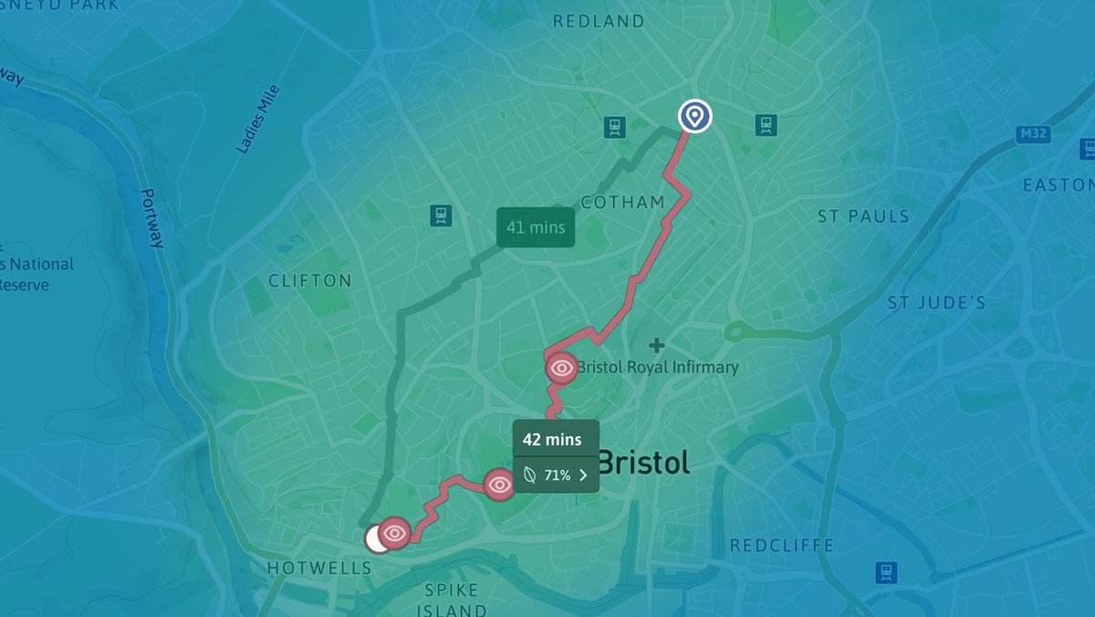 Observed impacts of our enhanced Green Routing in @BristolCouncil with @tranquilcityapp 🧘 70% felt more relaxed 😃 50% felt happier 👣 36% more likely to choose walking 🍃 100% of routes provided more natural elements gojauntly.com/blog/tranquili…