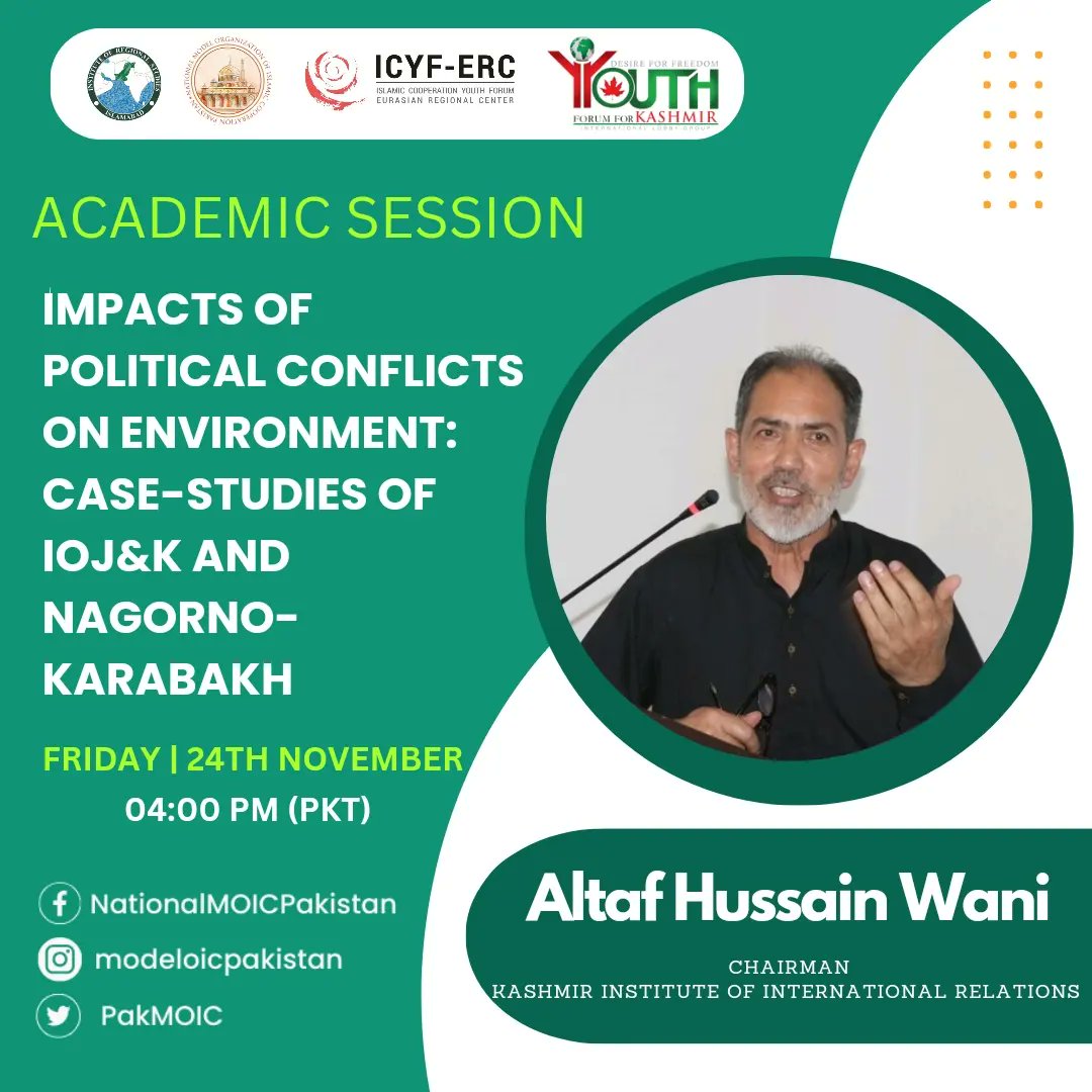 PakMOIC's tweet photo. To highlight the impact of political conflicts on the environment in IOJ&amp;K and £Karabakh, Mr. Altaf Hussain Wani, Chairperson of Kashmir Institute of International Relations &amp; Mr. Zaman Bajwa, Executive Director of Youth for Kashmir Forum. 
#OICYouth4Env #Azerbaijani #MOIC2023 https://t.co/7Kx5krYHg2
