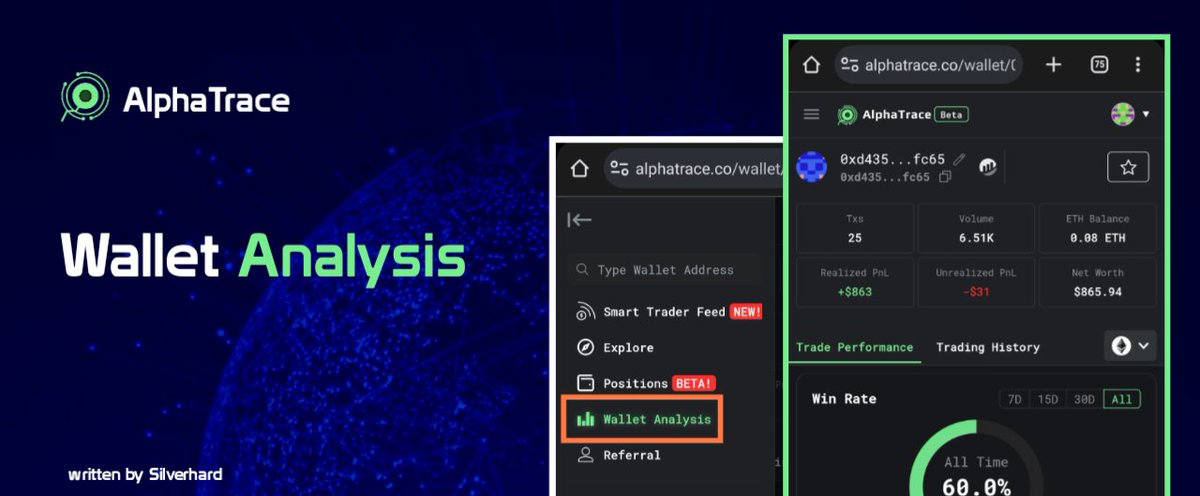 Silverhard_'s tweet image. 1) Wallet Analysis contains: 

→ Net Worth &amp;amp; ETH Balance: shows Eth balance and networth. 
→ Real-time Profits
→ Daily PnL Chart: shows chart.
→ Token Report: Provides essential data. 
→ Detailed Transaction Display
→ Wallet Highlights: shows biggest wins.

#AlphaTrace