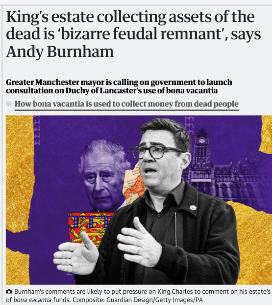 nomoremonarchs's tweet photo. "Bizarre feudal remnant"
The #DuchyOfLancaster was a feudal form of devolution. An old law gave government powers such as #bonavacantia (taking unclaimed assets) to the "#DukeofLancaster". Today, that 'duke' is 'king' Charles Windsor.
#EndFeudalism #NotMyKing #AbolishTheMonarchy https://t.co/Pgxm6OK5zJ