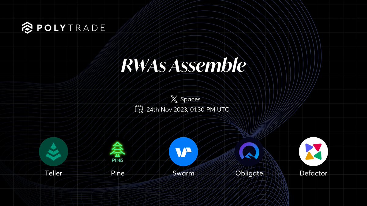 Polytrade (@polytrade_fin) on Twitter photo You canโt afford to miss this panel!
Coming together today <a href="/useteller/">teller.eth</a> <a href="/PineProtocol/">Pine Protocol</a> <a href="/SwarmMarkets/">Swarm</a> <a href="/obligatecom/">Obligate</a> <a href="/defactor_/">Defactor</a>
At 01:30 PM UTC โฐ
x.com/i/spaces/1lDxLโฆ You canโt afford to miss this panel!
Coming together today <a href="/useteller/">teller.eth</a> <a href="/PineProtocol/">Pine Protocol</a> <a href="/SwarmMarkets/">Swarm</a> <a href="/obligatecom/">Obligate</a> <a href="/defactor_/">Defactor</a>
At 01:30 PM UTC โฐ
x.com/i/spaces/1lDxLโฆ