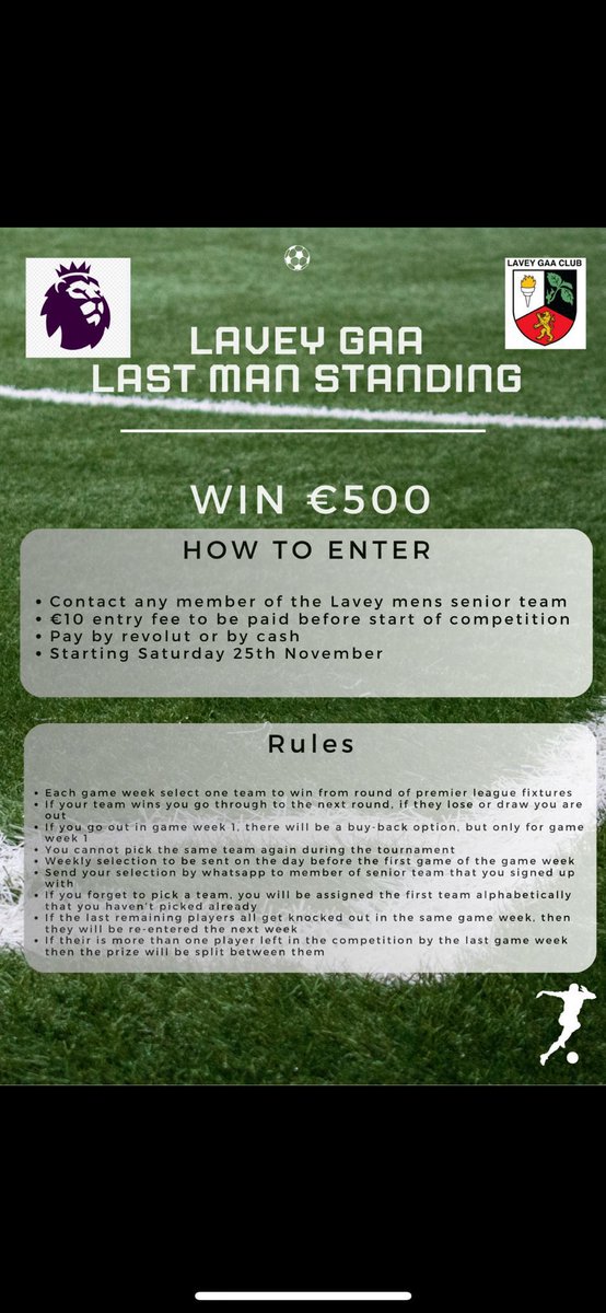 Today is the last day for entering the Last Man Standing. Please contact a member of the Senior team to do so.