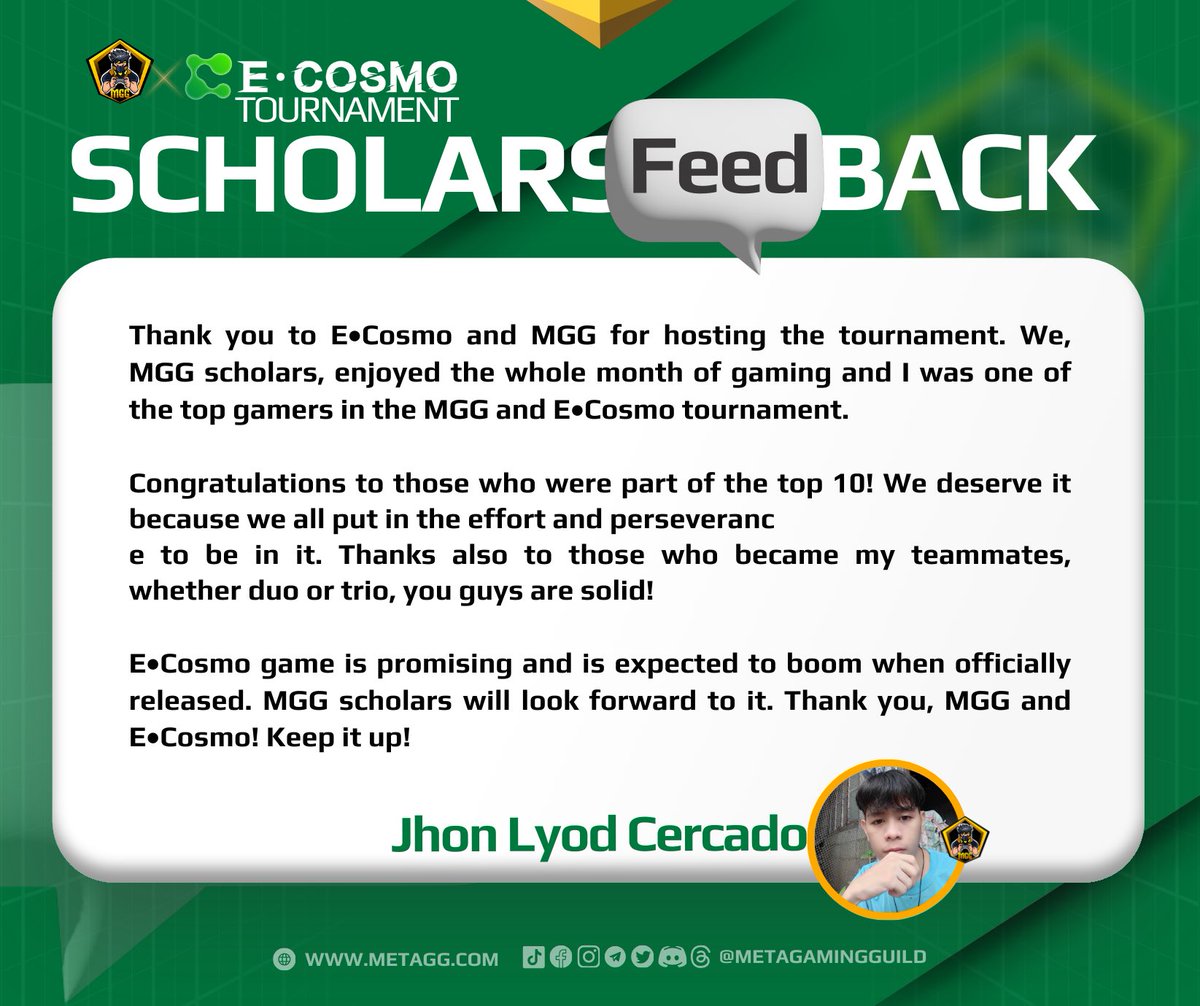 MetaGamingGuild's tweet photo. 🗣️ Scholars’ Feedback 🔛 MGG x E•Cosmo Tournament
Let’s hear it from our MGG scholars! See what they've got to say about the game, & best of luck to all aiming to be on the November @E__Cosmo Leaderboard! 🚀
#ECosmo #MGG #metagamingguild #esports #tournament #ML #GamerFeedback https://t.co/LLZLOfCgw0