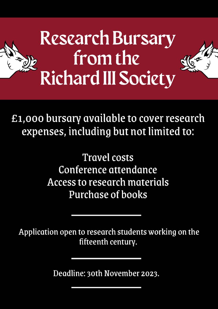 Quick reminder that there's less than a week left to apply for the @rsociety_iii research bursary. Open to Henricians and Ricardians alike, as well as those who take no part in the debate because their research is pre-1483. DM me your email address for an application form.