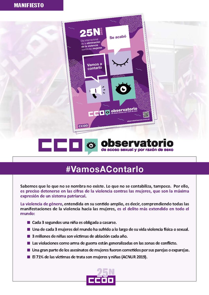 CCOO's tweet photo. #VamosAContarlo: Manifiesto de CCOO con motivo del 25 de Noviembre de 2023: Día Internacional de la Eliminación de la Violencia contra las Mujeres #25N https://t.co/8mT1jTVoSz 

https://t.co/x9Uwuqgatp https://t.co/jQzx860x7K
