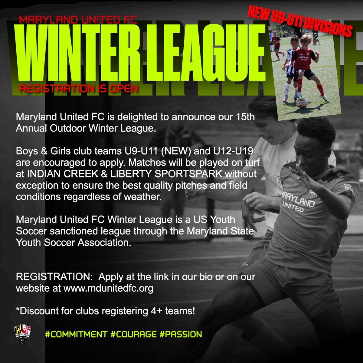 Maryland United FC is delighted to announce our 15th Annual Outdoor Winter League. Boys &amp; Girls club teams U9-U11 and U12-U19 are encouraged to apply. Matches will be played on turf at INDIAN CREEK &amp; LIBERTY SPORTS PARK.  Visit the link in bio for more information and to register