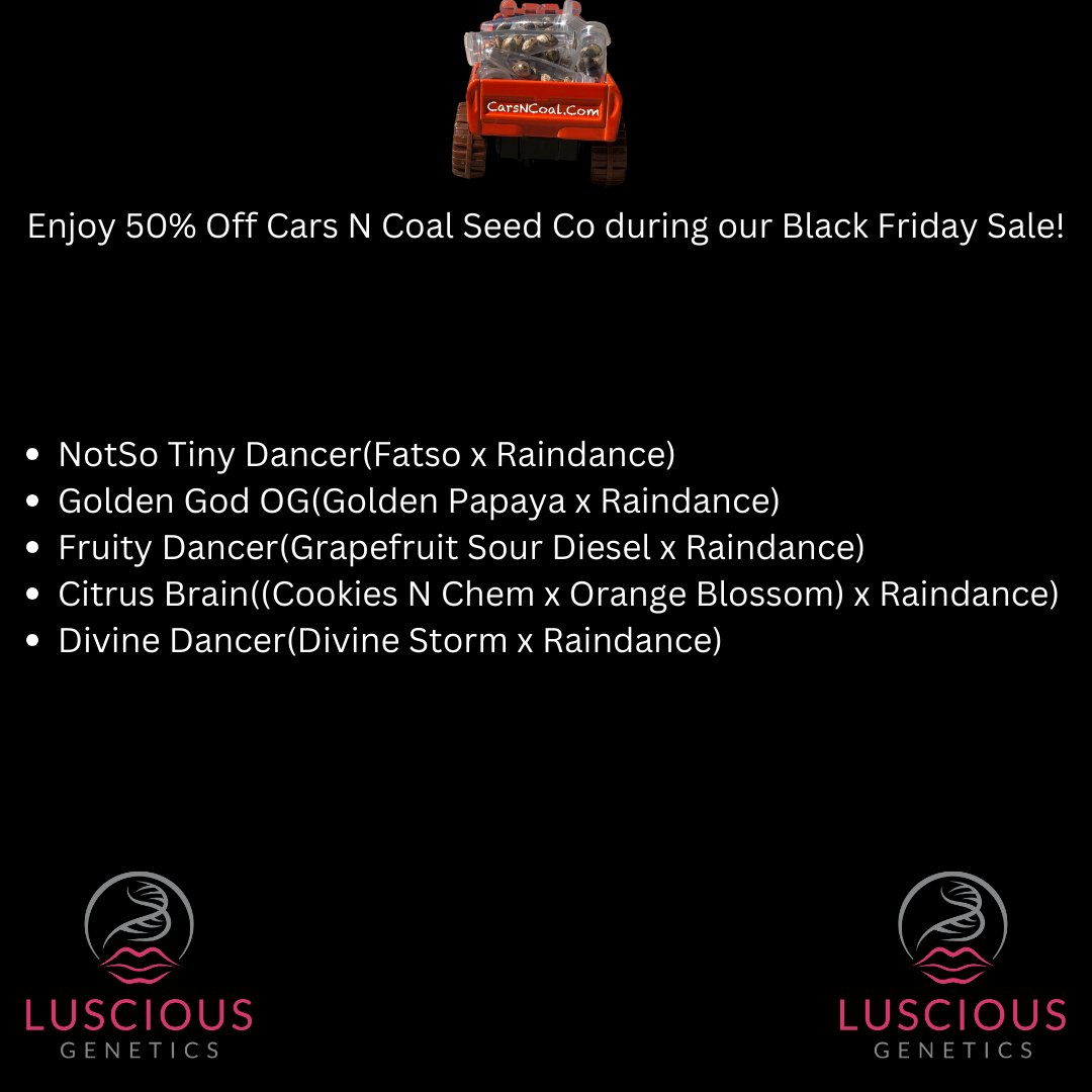 lusciousgenetic's tweet image. If you are looking for some new gear give Cars N Coal Seed Co a run next time!
Enjoy 50% off till 11/28! #CannaLand #cannabiscommunity #freetheseeds
lusciousgenetics.com/cars-n-coal-se…