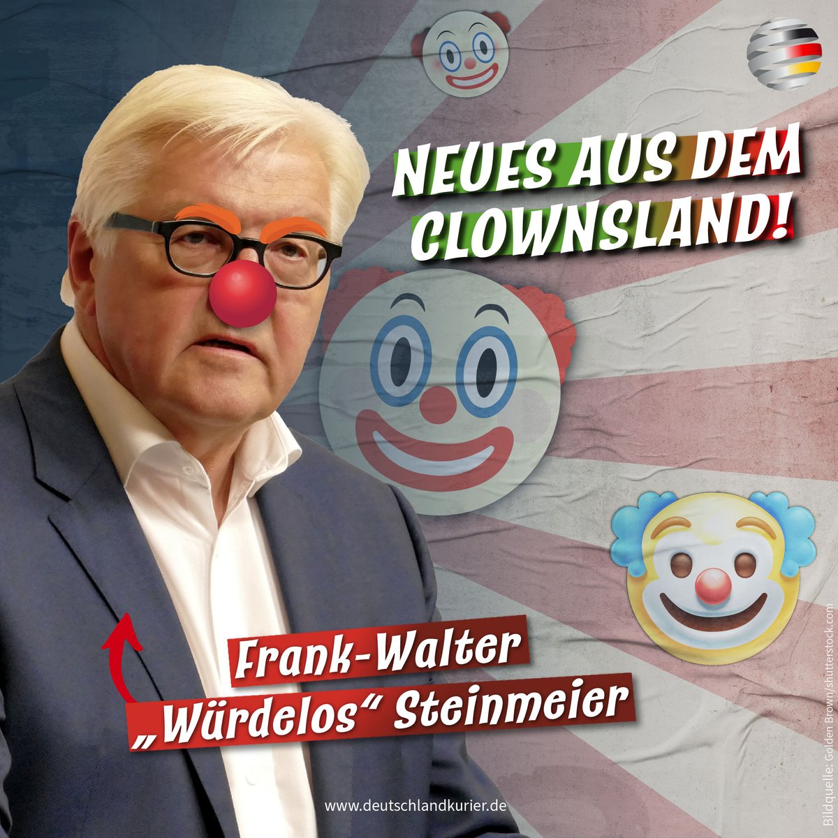 Deu_Kurier's tweet photo. Neues aus dem #Clownsland: Frank-Walter „Würdelos“ #Steinmeier
November, Zeit der #Besinnung und #Bescheidenheit? Nicht so bei Frank-Walter #Fischfilet, dem Bundespräsidenten aller #Woken, #Linken und #Selbstgerechten. Es regnet wieder mal #Orden im Schloss #Bellevue. Merkels treuer #Grüßaugust hat dafür gesorgt, dass auch wirklich keiner vergessen wird, der beim besten Willen keinen „#Verdienstorden“ verdient hat.
https://t.co/yiRXx1gxhz