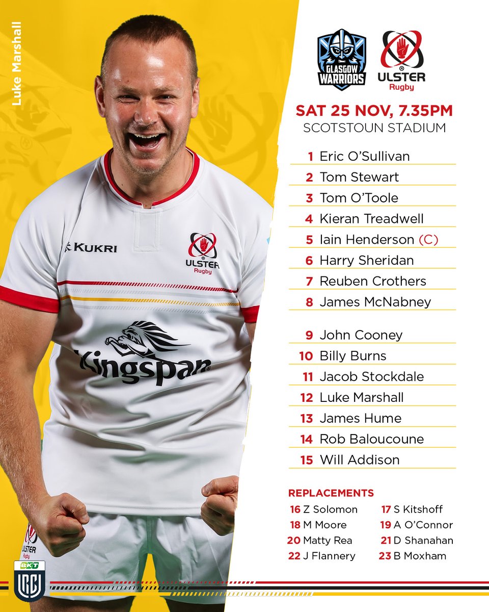 Ulster Rugby (@ulsterrugby) on Twitter photo 📣 Team News
Your Ulster side to take on <a href="/GlasgowWarriors/">Glasgow Warriors</a> tomorrow at Scotstoun Stadium 👊
💪 Billy Burns to make 100th appearance
✨ Academy forward, James McNabney, makes his first Ulster start
🌶️ Steven Kitshoff in line for debut from bench 📣 Team News
Your Ulster side to take on <a href="/GlasgowWarriors/">Glasgow Warriors</a> tomorrow at Scotstoun Stadium 👊
💪 Billy Burns to make 100th appearance
✨ Academy forward, James McNabney, makes his first Ulster start
🌶️ Steven Kitshoff in line for debut from bench