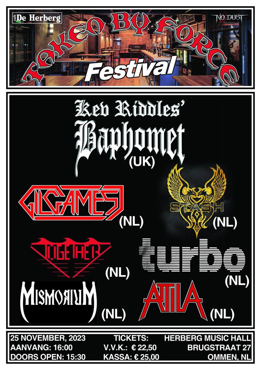 Morgen in de HMH: Taken by Force. 
Old school metal festival. Deur open 15:30u, 1e band 16:00u. Entree VVK 22,50, deur 25,- info: facebook.com/events/s/taken…