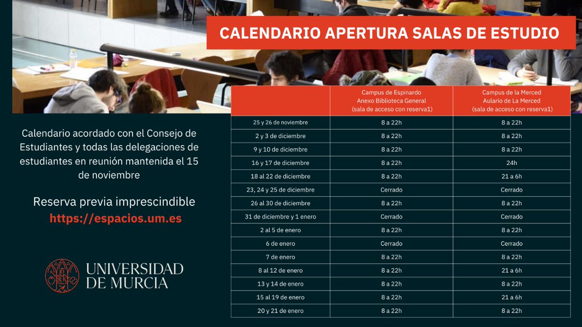 Universidad Murcia (@umu) on Twitter photo SALA ESTUDIO | Ya tenemos el calendario de apertura de las salas de estudio acordado con las delegaciones de estudiantes y el <a href="/ceum_es/">CEUM - Consejo de Estudiantes</a>
Imprescindible reserva previa. ✍️
➕ t.um.es/salas-estudio-1 SALA ESTUDIO | Ya tenemos el calendario de apertura de las salas de estudio acordado con las delegaciones de estudiantes y el <a href="/ceum_es/">CEUM - Consejo de Estudiantes</a>
Imprescindible reserva previa. ✍️
➕ t.um.es/salas-estudio-1