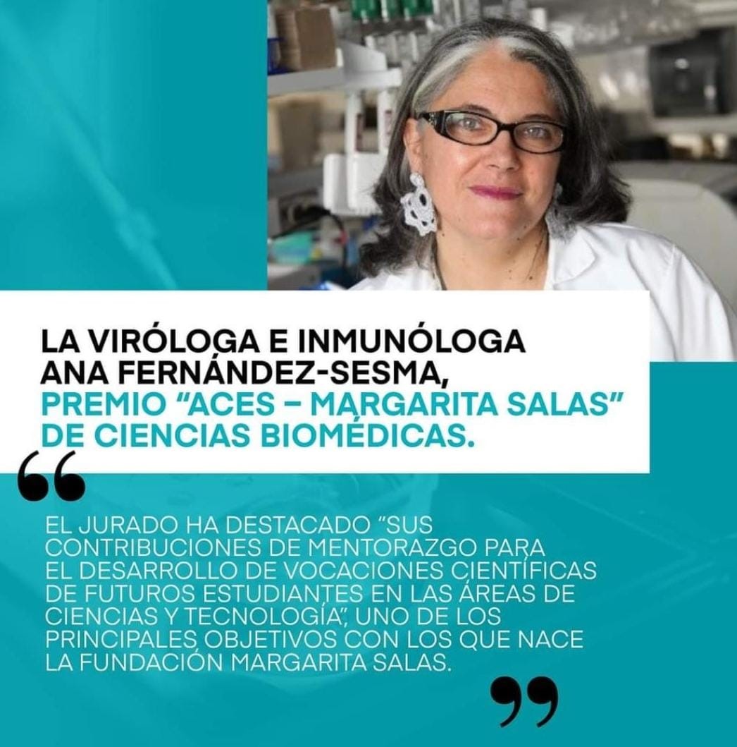 SEinmunologia's tweet photo. La inmunóloga Ana Fernández-Sesma (@SesmaLab), Premio ACES-Margarita Salas de Ciencias Biomédicas @acesuecia @MsalasFundacion. ¡Enhorabuena, compañera! #inmunogirl #inmunopower https://t.co/OVHqWHFgBP