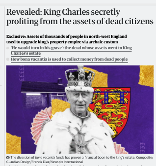 nomoremonarchs's tweet photo. "Bizarre feudal remnant"
The #DuchyOfLancaster was a feudal form of devolution. An old law gave government powers such as #bonavacantia (taking unclaimed assets) to the "#DukeofLancaster". Today, that 'duke' is 'king' Charles Windsor.
#EndFeudalism #NotMyKing #AbolishTheMonarchy https://t.co/Pgxm6OK5zJ