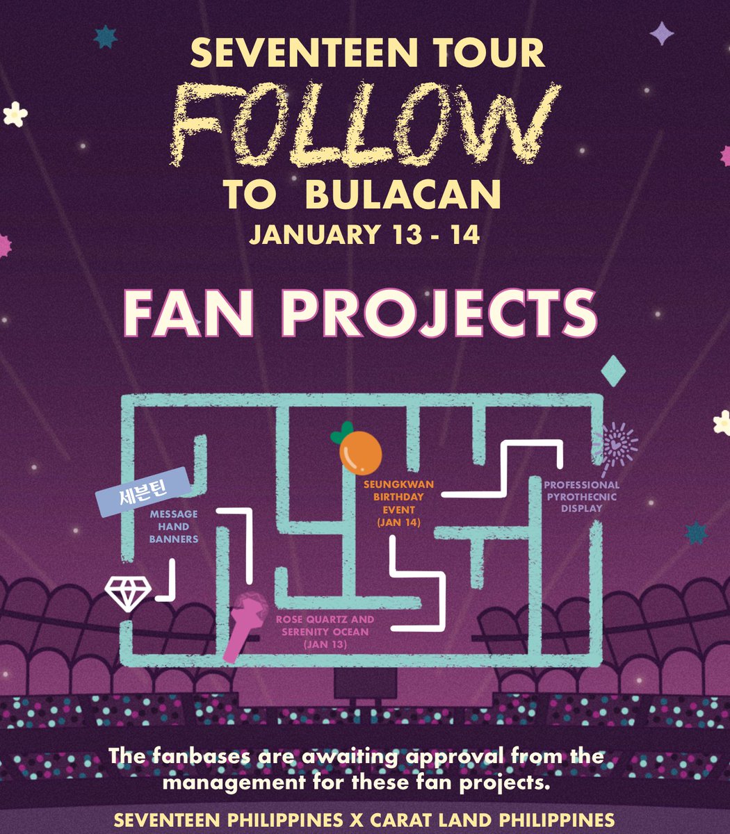 SEVENTEEN Tour 'FOLLOW' To Bulacan
✨ FAN PROJECTS ✨

Hello, PH CARATS! Here are the proposed fan projects for January 13 and 14. We have already submitted these to the management for approval. We will be updating again once they have been approved.

#FOLLOW_TO_BULACAN (1/2)