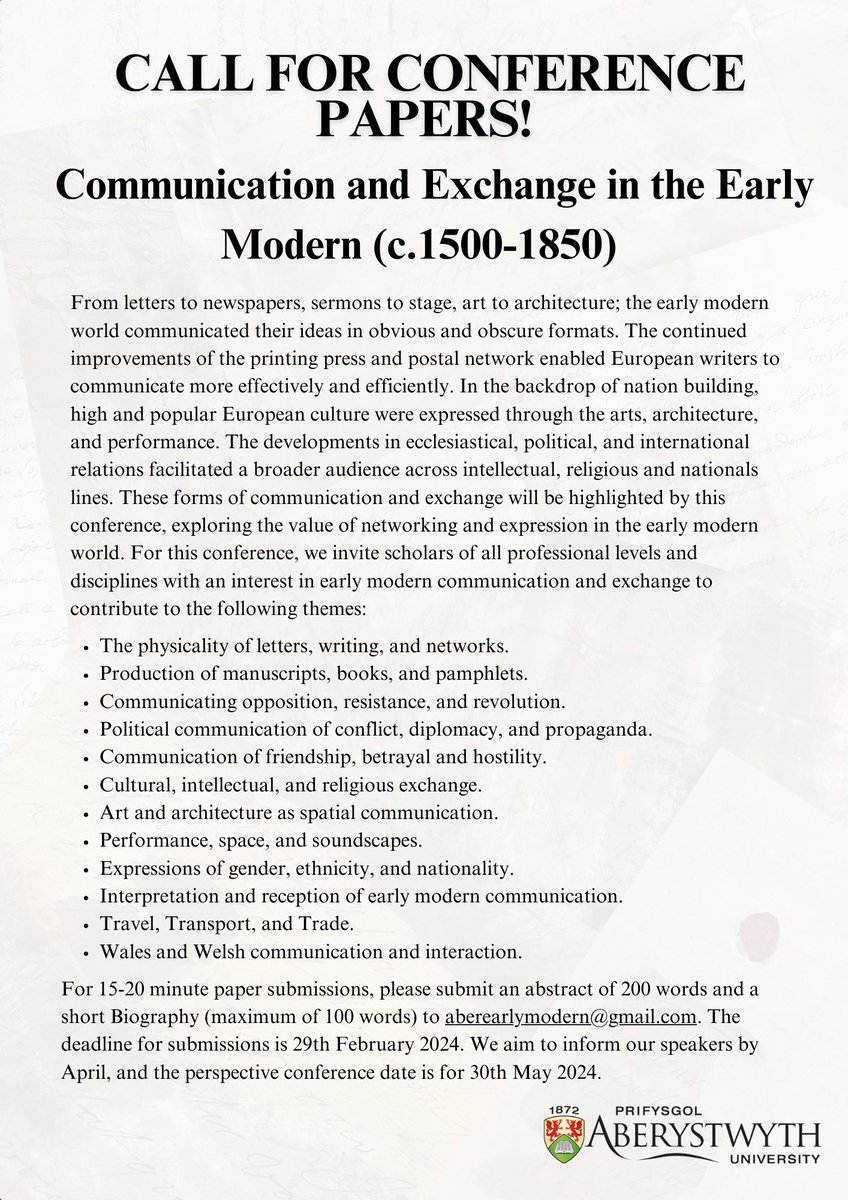 Dear #Twitterstorians: CALL FOR CONFERENCE PAPERS! 

I’m absolutely thrilled to announce ‘Communication and Exchange in the Early Modern (c.1500-1850).’ 

Please do check out and share our CfP we’re already looking forward to reading your abstracts! #CFP #Earlymodern #History