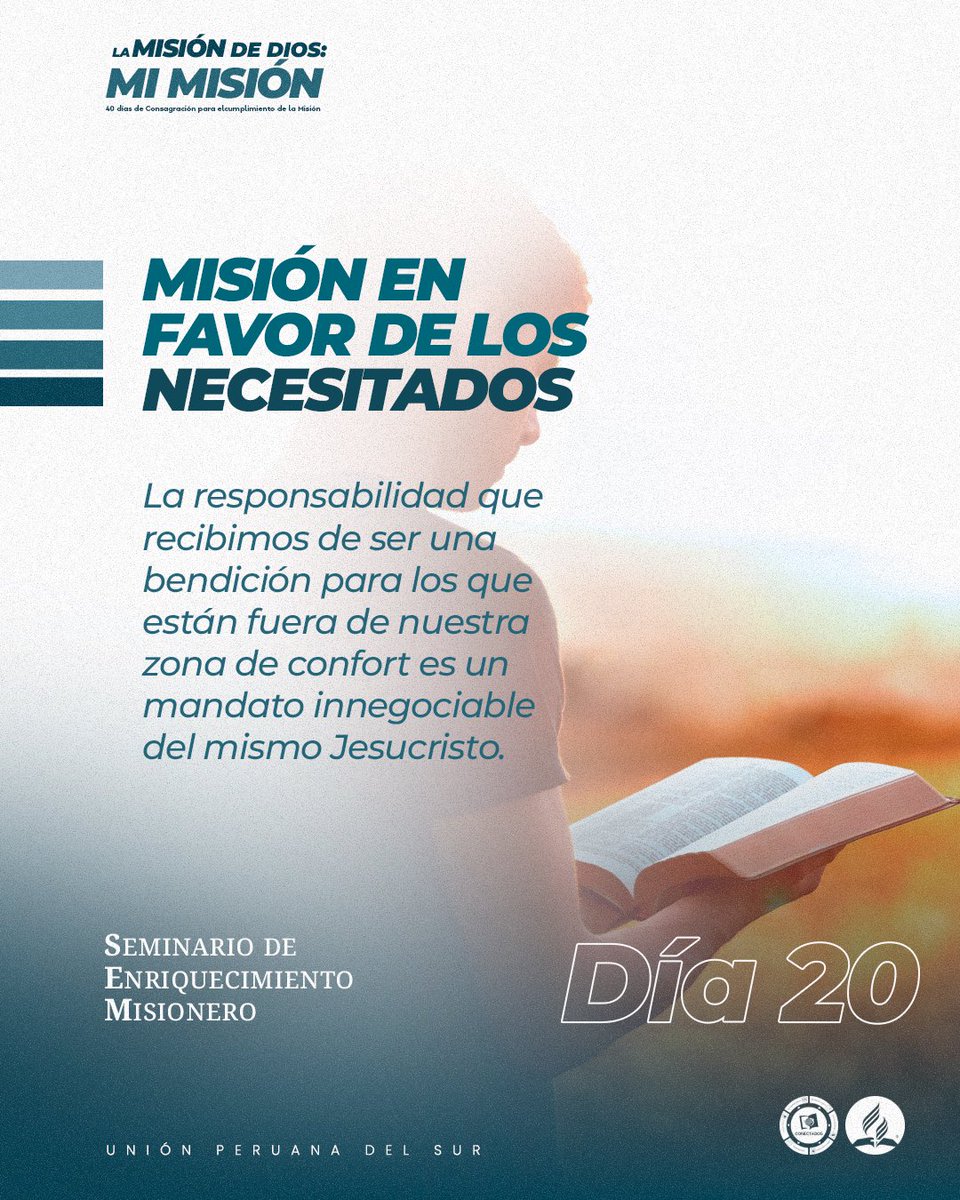 adventistasmpcs's tweet photo. Día 20 – MISIÓN EN FAVOR DE LOS NECESITADOS 

La responsabilidad que recibimos de ser una bendición para los que están fuera de nuestra zona de confort es un mandato innegociable del mismo Jesucristo. 

#LaMisiónDeDiosMiMisiónPersonal
#Proyecto100 #SEM2023
 #CONECTADOS🔌 https://t.co/wh80TPQaAh