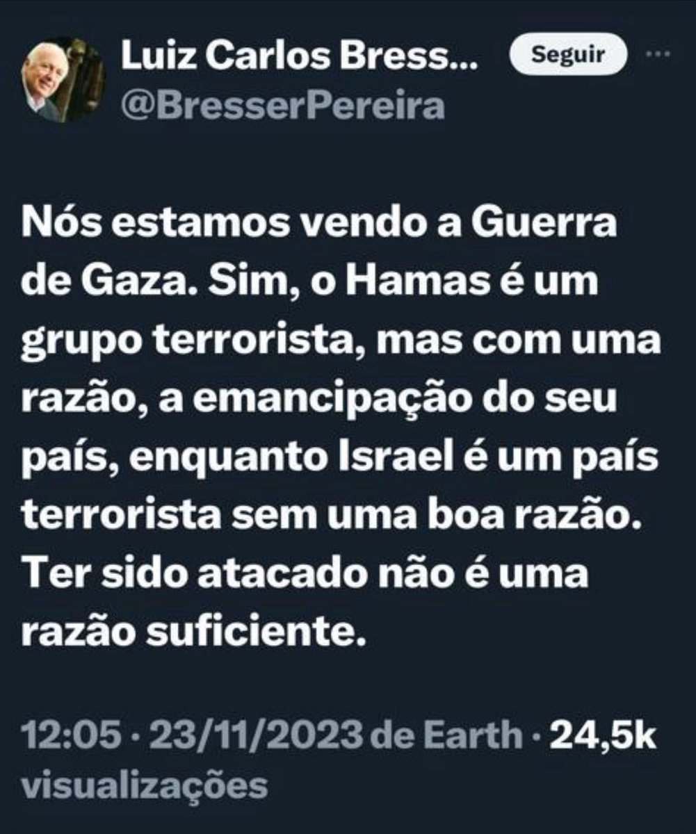 Clauwild1's tweet image. Bresser, o economista que tentou resolver a inflacão no Brasil com congelamento de preços e salários - e deixou o país com uma inflação acima de 300% ao ano - metendo-se a dar palpites e lições na guerra entre Hamas e Israel. 

Se ao mexer naquilo que ele “entende” já foi um…