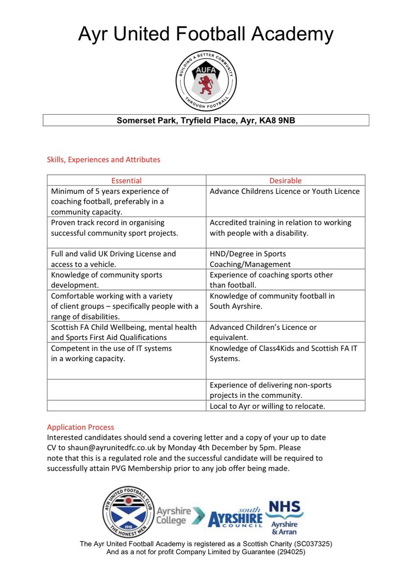 We are Hiring!

We are recruiting for a new Community Programmes Officer ⚽️

Interested candidates should send a covering letter and copy of your up to date CV to shaun@ayrunitedfc.co.uk by Monday 4th December by 5pm