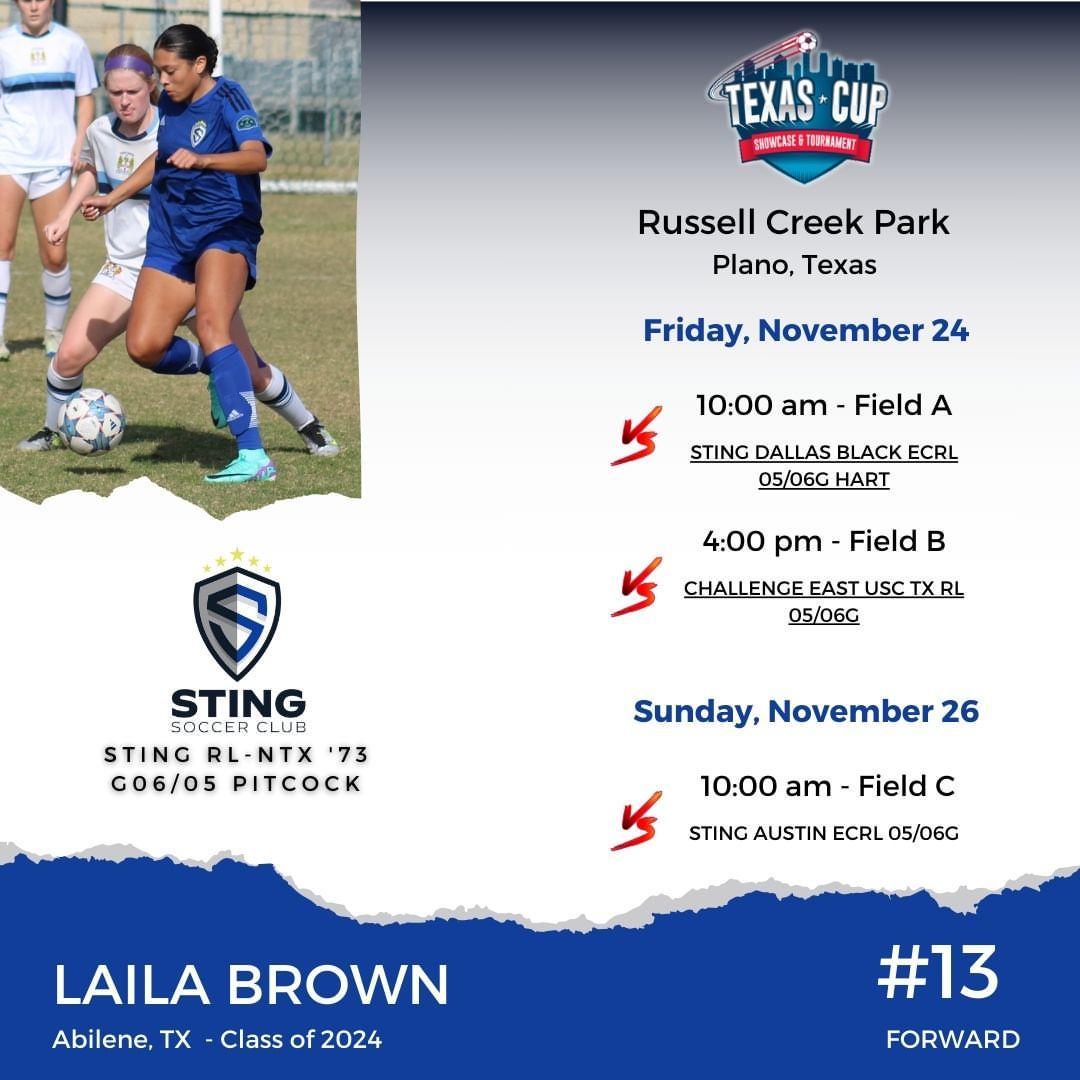 Headed to Texas Cup Showcase Tournament, Come check out my teammates and myself 💙🤍🖤⚽️
<a href="/G2CollegeSoccer/">Go 2 College Soccer</a> <a href="/ImCollegeSoccer/">College Soccer Truth ™</a> <a href="/soccer_navarro/">Navarro College Soccer</a> <a href="/CruWomensSoccer/">UMHB Women's Soccer⚽️</a>