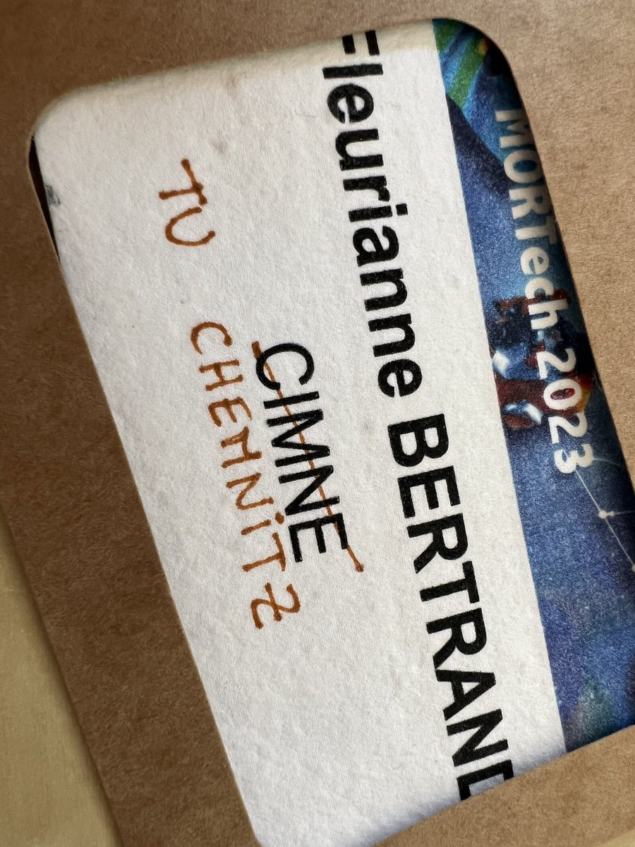 FleurianneB's tweet photo. Discovered a new kind of map projection today! Apparently, my badge thinks @Cimne (Barcelona) is the orthogonal projection of Chemnitz @TUChemnitz in some typos-measuring space. Just 3 letters off, but still on the same geometric plane at #mortech @ENS_ParisSaclay😀 https://t.co/SUG0Qigc7u