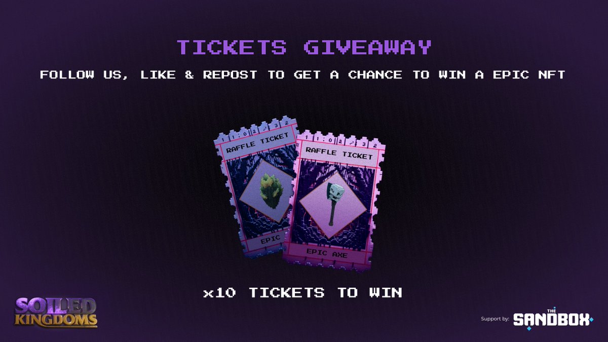 SoiledKingdoms's tweet photo. 🎁 EXCLUSIVE GIVEAWAY 🎁
 
 Prizes:
🎟️ x10 Raffle Tickets - Each gives a 10% Chance to win a @TheSandboxGame exclusive Epic NFT!

To Enter:
✅ Follow @SoiledKingdoms and @thecreaverse
✅ Like & Repost this post
✅ Tag Friends - Gain 1 additional entry for each friend invited!