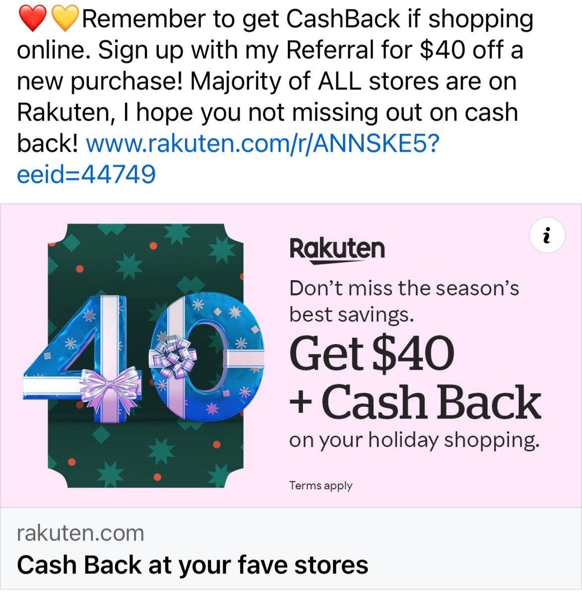 Get $40! Yea it’s real! Use my Rakuten referral for all Online purchases! #couponer #deals #blackfriday #sales #Rakuten  #FREE rakuten.com/r/ANNSKE5?eeid…