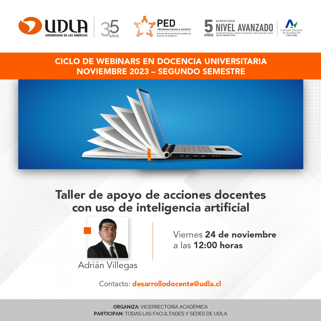 D_DocenteUDLA's tweet photo. 📌Hoy continuamos con el ciclo de Webinars de Noviembre 2023 con: "Taller de apoyo de acciones docentes con uso de inteligencia artificial" a cargo del académico Adrián Villegas
⏰Horario: 12:00 a 13:00 horas.
➡️Inscripciones en: https://t.co/MB53RE32j1 https://t.co/D1CD1jZJqe
