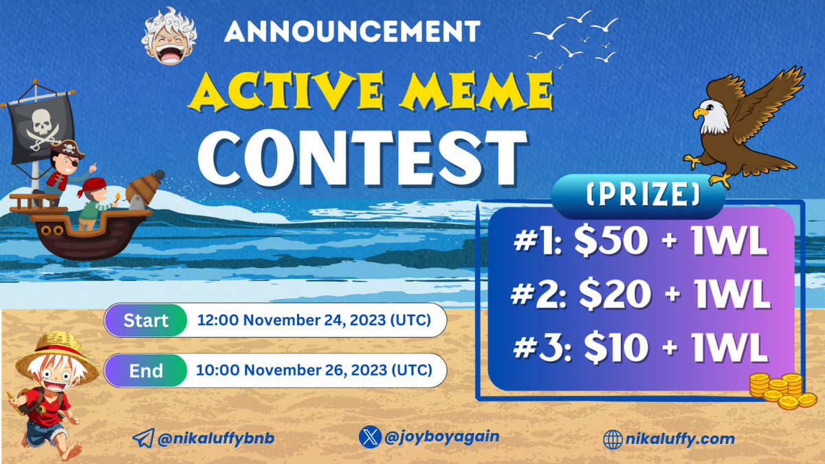 joyboyagain's tweet photo. 👒 LUFFY Active Contest Announcement 👒

✨ Are you a positive person? 
✨ Are you knowledgeable about One Piece? 

😐 Prize: #1: $50 + 1 whitelist slot
                    #2: $20 + 1whitelist slot
                    #3: $10 + 1whitelist slot

  #LUFFY #LUFFYGEAR5 #NIKALUFFY https://t.co/Ah2aWixl7i