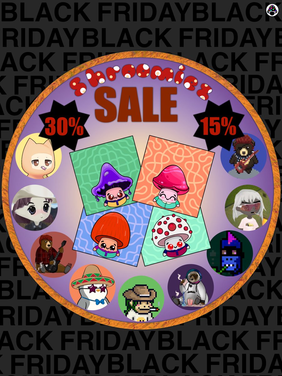 Black Friday, you say? We give you SHROOM FRIDAY 🖤🛍️🍄

33% OFF mint price for all eligible NFT holders (0.0469 ETH)

15% OFF for everyone else

Offer ends on Sunday at 11:50 PM CEST

Mint now on <a href="/scatter_art/">Scatter</a>
scatter.art/shroomiez
