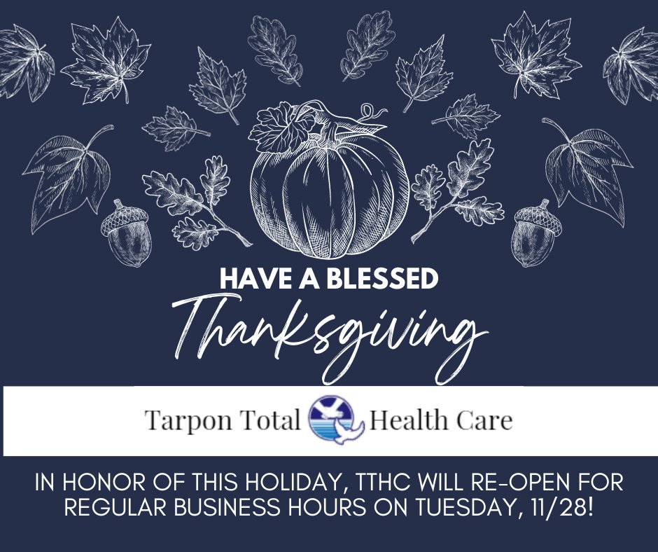 TarponTotalHC's tweet photo. In honor of the Thanksgiving holiday, we will be closed until Tuesday,  11/28!  We look forward to seeing you next week!

#Thanksgiving #GratefulThankfulBlessed
#TTHC #DrJohnHuy #SpinalAdjustmentsYouCanTrust https://t.co/hzIc5sMmbV