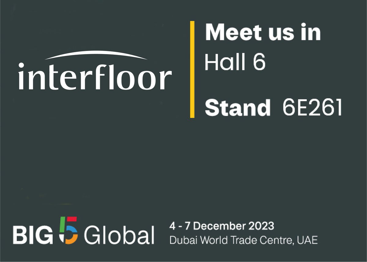 Under 2 weeks to go! 🕒👀

Come and meet us at the Big 5 Global Exhibition at the Dubai World Trade Centre from the 4th to the 7th of December, we're on stand 6E261 in hall 6, showing our favourite contract underlays! 🤩 #Big5Global