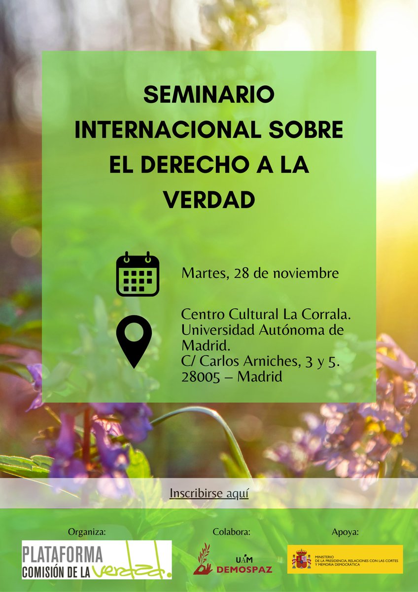 📢El próximo martes 28 de noviembre organizamos un seminario internacional sobre el #derechoalaverdad en La Corrala de la <a href="/UAM_Madrid/">UAM Autónoma Madrid</a>. Puedes inscribirte aquí
👇🏽 forms.gle/upSm1FDonBvnvU… #MemoriaDemocrática