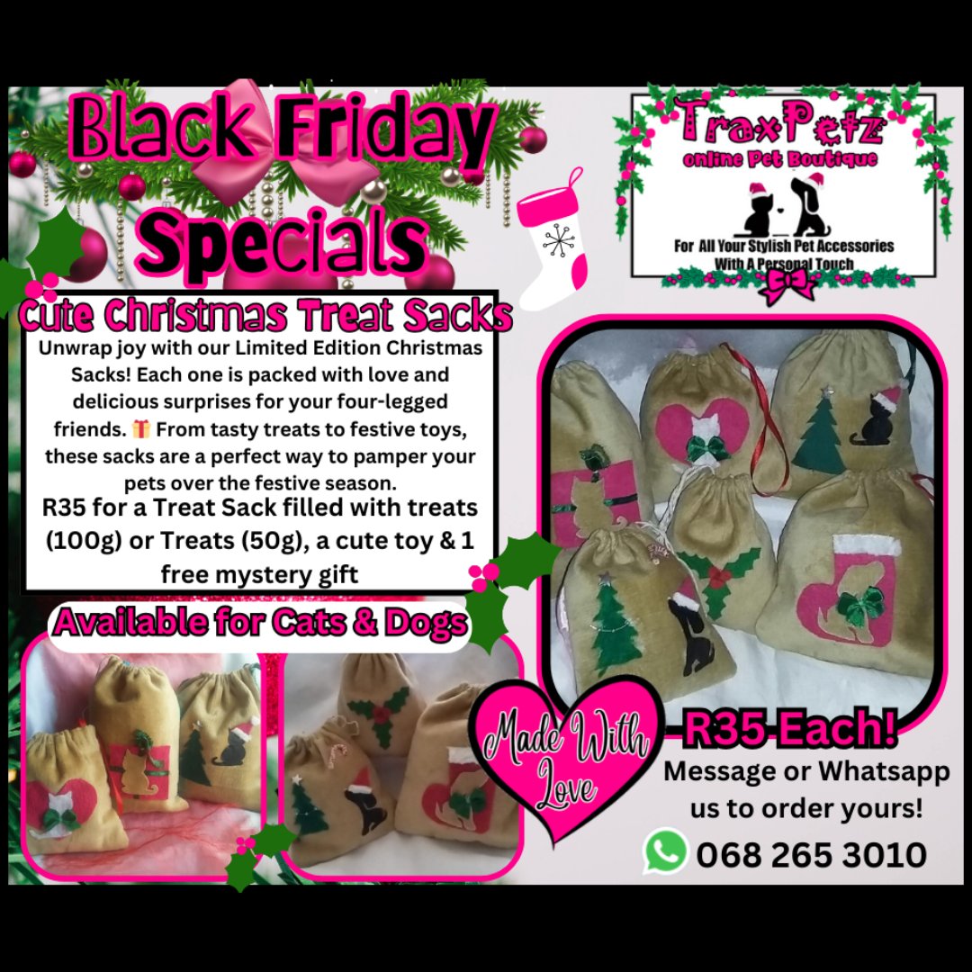 PetzTrax's tweet photo. Check out our #BlackFridayDeals 📷
unique Beds &amp; couches for your #FurryBestFriend are discounted up to 50% OFF, pricing starts from R200!
Santa Treat sacks are R35!
message us or Whatsapp us on 068 265 3010 to get yours!!
#petstagram #blackfridayshopping #BlackFridaySale2023 https://t.co/qiwHYXpTWD