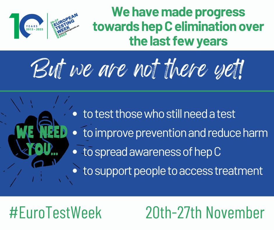 #EuroTestWeek is this week!

Together we still have work to do on our mission to eliminate hepatitis C. 

We are working hard to find those living with hepatitis C to eliminate it for good!

You can get tested at our sites ask a member of staff for more details 😀

#HepCULater