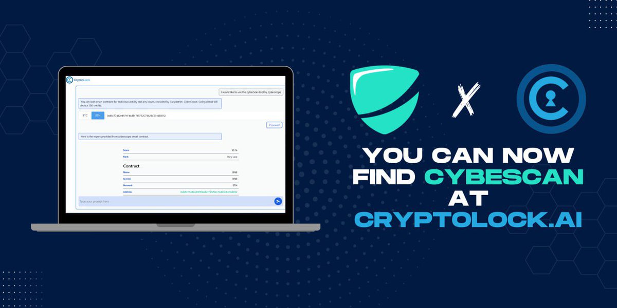 Cyberscope_io's tweet photo. π Exciting news! We integrated #Cyberscan into Cryptolock's AI Ecosystem. Together, we're revolutionizing Web3 security, providing users with advanced tools and insights.π‘ #CryptoLock #Cyberscope #Web3Security https://t.co/kWnO1mbnni