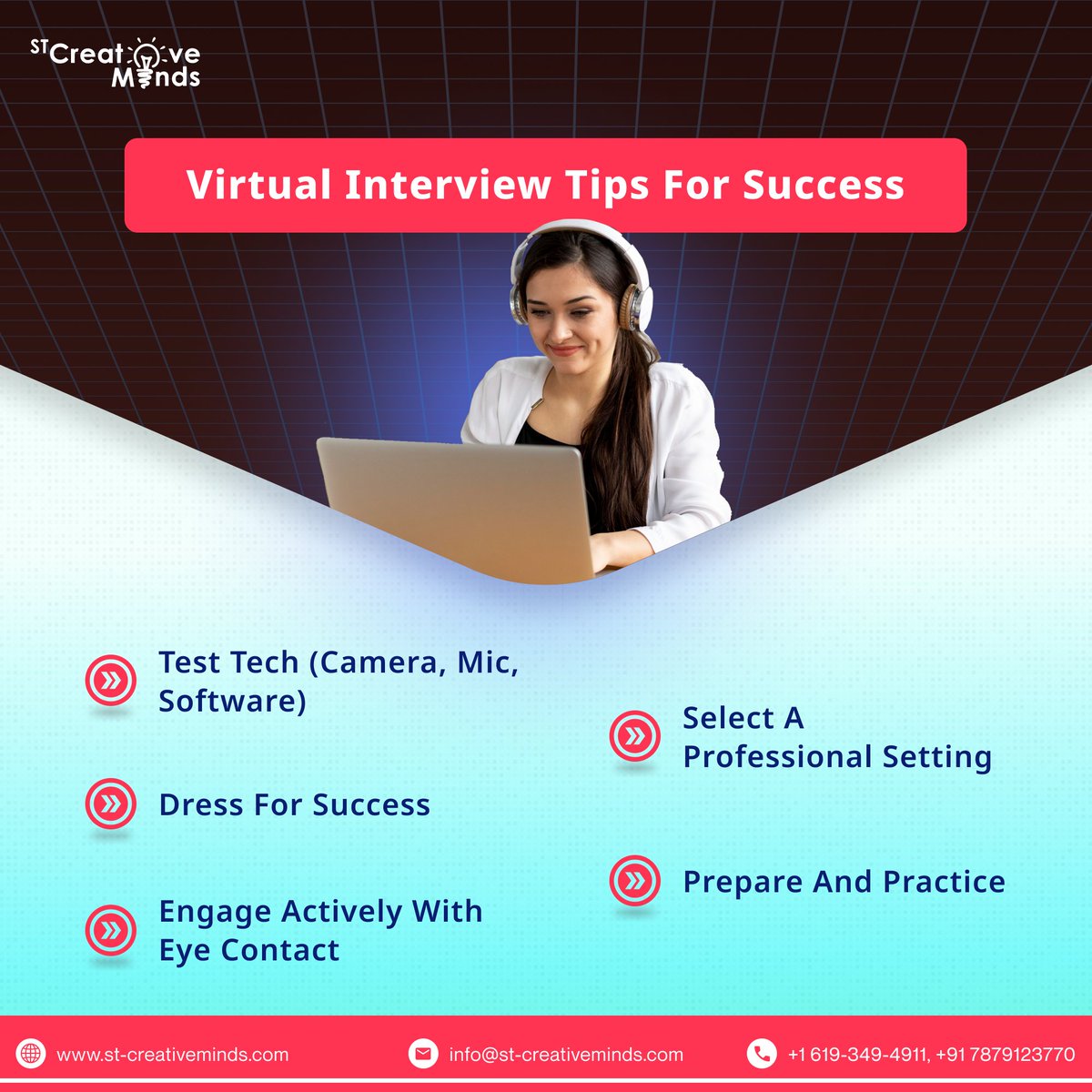 stcreativeminds's tweet image. Master virtual interviews:
1. 🌐 Test Tech
2. 💡 Perfect Setting
3. 👔 Dress Well
4. 📚 Prepare
5. 🤝 Engage Actively
Catapult your career success! 🚀 #VirtualInterviewTips #CareerSuccess #DigitalAgeInterview #Stcreativeminds
