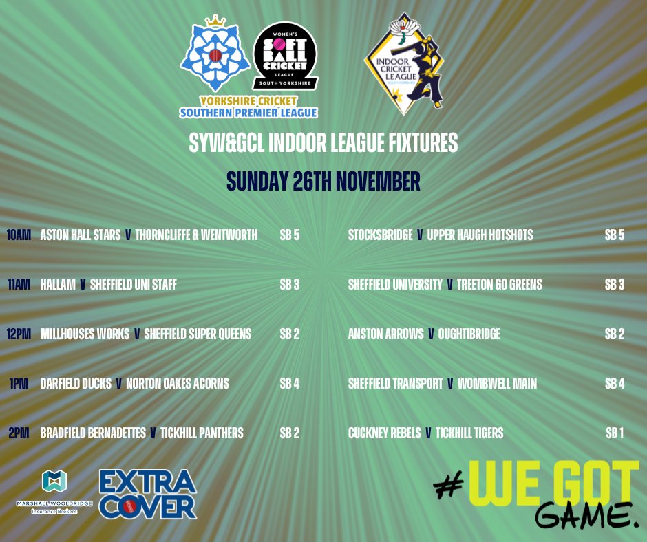 SYW&GCL | Indoor League Fixtures Week 8 of the indoor league as we close in on the winter break and the league tables are starting to begin to take shape. Who will be challenging for those finals day places come February? #WeGotGame #SYWGindoor