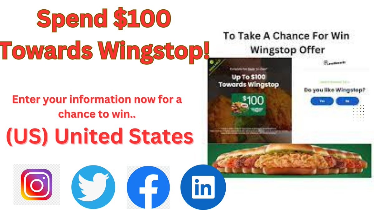 smith2345677's tweet photo. Spend $100 Towards Wingstop!
Enter your information now for a chance to win.
(US) United States Also available for UK,Canada,Portugal,New Zealand Etc.
Source Link : https://t.co/fQ50gCq6xg
#SummerCashSplash
#InstaWin1000
#SummerGiveawayAlert
#CashForSunshine
#SummerVibesCas
😍🥰 https://t.co/E4E8IQMAye