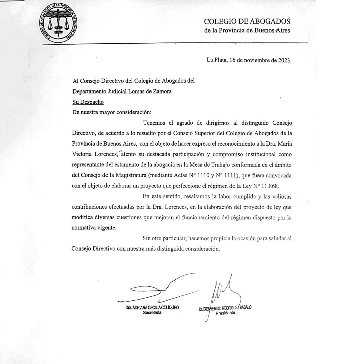 VickyLorences's tweet photo. Le quiero agradecer al Colproba por sus palabras de reconocimiento por mi función como representante del estamento de la abogacía en la Mesa de Trabajo conformada en el ámbito del Consejo de la Magistratura de la Pcia. de  Bs. As
@colproba @calzlomas https://t.co/b0ESTgLPby