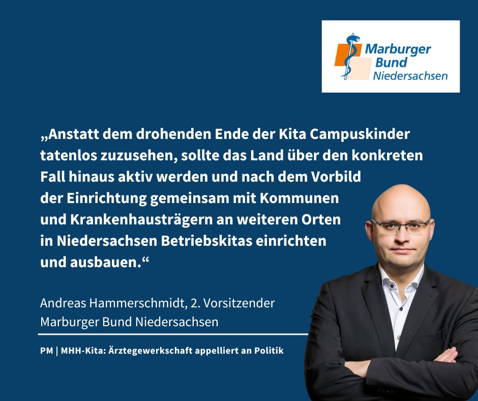 Huebner_MB's tweet photo. Der #MarburgerBund #Niedersachsen verlangt von den politischen Akteur*innen, die drohende Schließung der Kita Campuskinder der @MHH_life abzuwenden. Wir brauchen in Zeiten des Fachkräftemangels mehr Betriebskitas an Krankenhäusern und nicht weniger.👉PM: https://t.co/T3jOXccBAn https://t.co/X4GtgSiIDX
