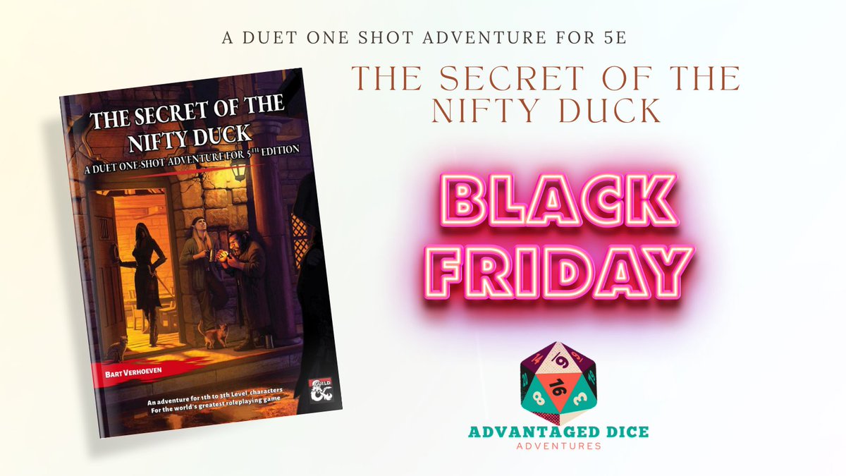 As part of the Black Friday/Cyber Monday sale on <a href="/dms_guild/">Dungeon Masters Guild</a>  our Duet One-Shot has been marked down by 20%.
So don't wait any longer and enter The Nifty Duck in search of its secret...
Go to: dmsguild.com/product/439017…
#DnD #ttrpg #duet #ttrpgcommunity #dmsguild #dnd5e #BlackFriday