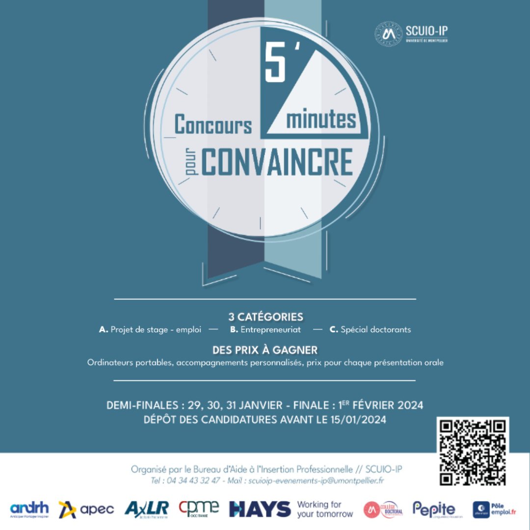 🗓Save the date : Concours « 5 minutes pour convaincre »
Recherche de stage/post-doc/emploi, projet de création d’activité, projet de mobilité à l’international…

👉 Inscrivez-vous : sphinx.umontpellier.fr/SurveyServer/s…

#montpellier #concours #projets #stage #5minpourconvaincre