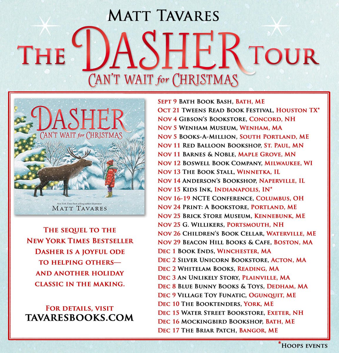 tavaresbooks's tweet photo. Here's where I'll be reading, drawing, &amp; signing books this weekend:

Fri 11/24 

10am Print: A Bookstore, Portland, ME

Sat 11/25 

10am Brick Store Museum, Kennebunk, ME
1pm G. Willikers, Portsmouth, NH

Sun 11/26

1pm Children's Book Cellar in Waterville, ME

#DasherTour https://t.co/XfrSnpZ7on