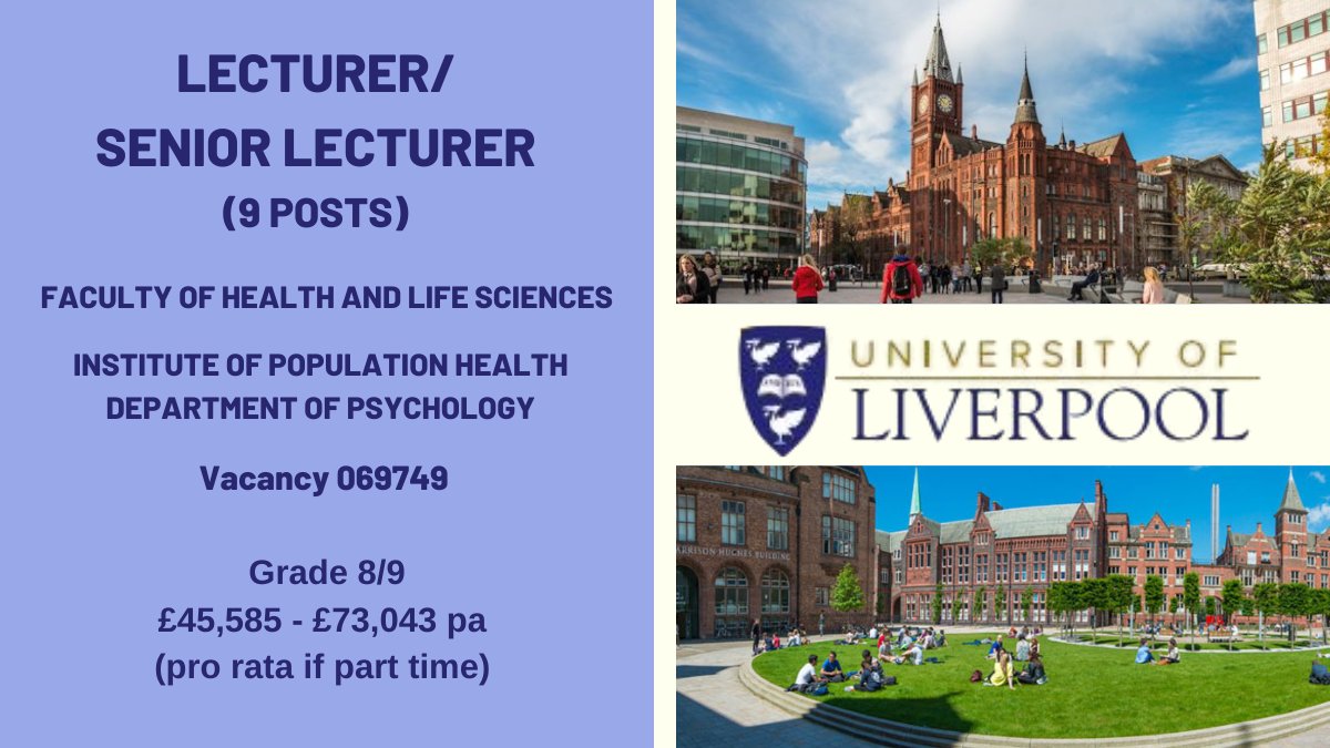 📢Great opportunity <a href="/LivUniIPH/">Institute of Population Health</a>  for Lecturer/Senior #Lecturer - 9 Posts
Exceptional early/mid-career researchers to contribute to our #research, impact and teaching activity. #PhD #clinical #cognitive #psychology
Full details/Apply tinyurl.com/4end295s
<a href="/LivUniHLS/">Faculty of Health and Life Sciences</a> <a href="/livunijobs/">Liverpool University Jobs</a>