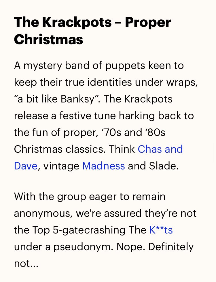 I’m backing Proper Christmas by The Krackpots for #XmasNo1 , whoever they are…
officialcharts.com/chart-news/chr…